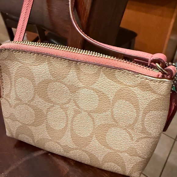 Coach Pink and Tan Signature Canvas Wristlet Crossbody - Picture 2 of 2